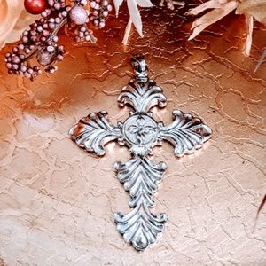 Huge Women's Silver Floral Cross Pendant